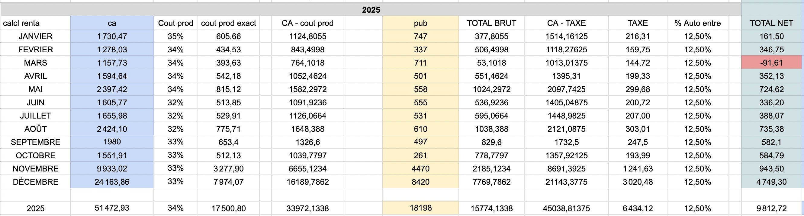 2025 month-by-month P&L from the seller's books (anonymized)